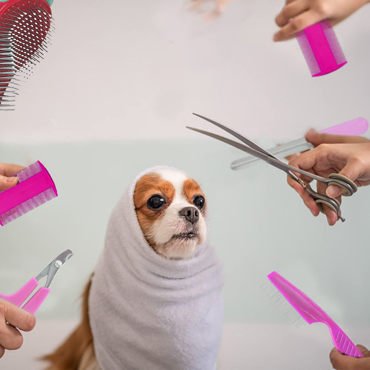 7-Piece Small Pet Grooming Kit: Brush, Nail Clippers, Hair Remover, Shampoo Brush with Hand Strap for Rabbits, Hamsters, Bunnies