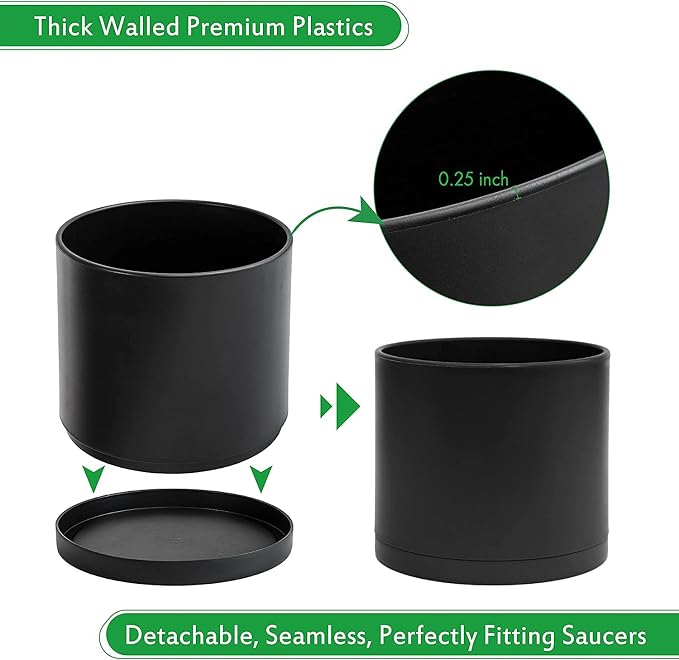 D'vine Dev 8 Inch Plastic Planter Pots for Plant Pot with Drainage Hole and Seamless Saucers, Black Color, 74-X-B-1