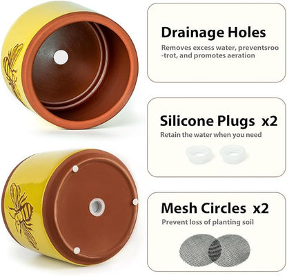 YBX Terracotta Pots Inch with Drainage Holes, Bee Decor, Ceramic Pots for Indoor Plants Flower Pots Outdoor, Succulent, Herbs, Snake Plants (Yellow, 6+4 Inch)