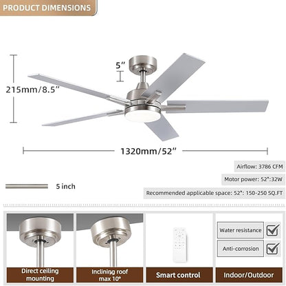 SODSEA Ceiling Fans with Lights, 52 inch Nickel Ceiling Fan with Light and