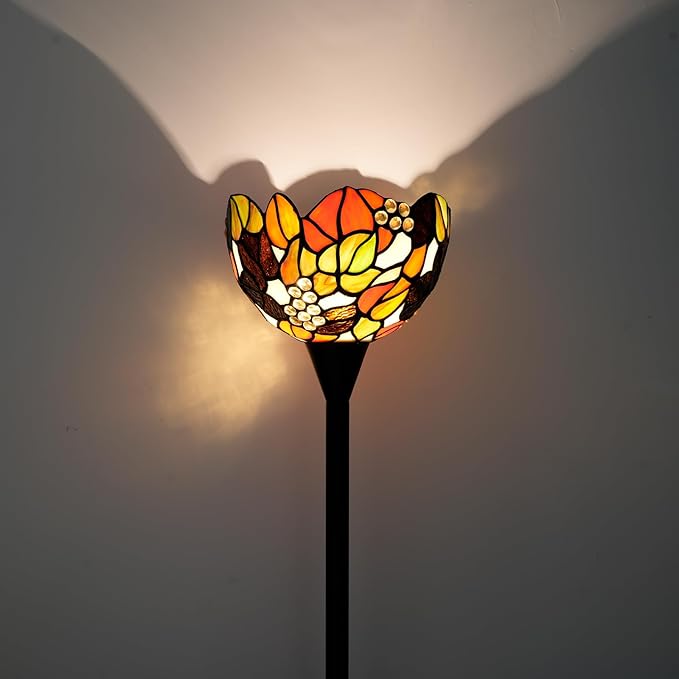 Tiffany Floor Lamp Tochiere Standing Lamp Yellow Grapes Style Stained Glass Floor Light Vintage Tall Pole Uplight Rustic Corner Lamp with Foot Switch for Home Decor Living Room Bedroom