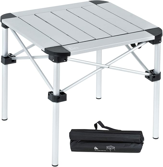 iClimb Lightweight Stable Alu. Folding Square Table Roll Up Top with Carry Bag for Camping Picnic Backyards BBQ Camp Kitchen (Silver, S)