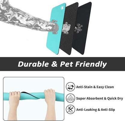 HotLive Dog Food Mat - Absorbent Cat Mat for Food and Water, No Stains Pet Feeding Bowl Mat, Easy to Clean Pet Placemats, Quick Dry Dog Water Dispenser Mat for Messy Drinkers | Paw Teal 12"x 19"