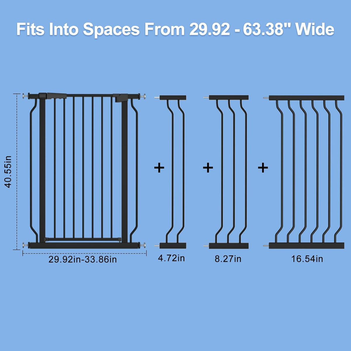 WAOWAO Extra Tall 40.55" Baby Gate 29.92-63.38" Wide Pressure Mounted Walk Through Swing Auto Close Safety Black Metal Toddler Child Dog Pet for Indoor Stairs,Doorways,Kitche