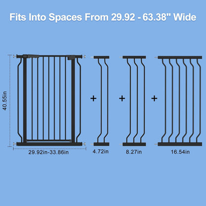 WAOWAO Extra Tall 40.55" Baby Gate 29.92-63.38" Wide Pressure Mounted Walk Through Swing Auto Close Safety Black Metal Toddler Child Dog Pet for Indoor Stairs,Doorways,Kitche
