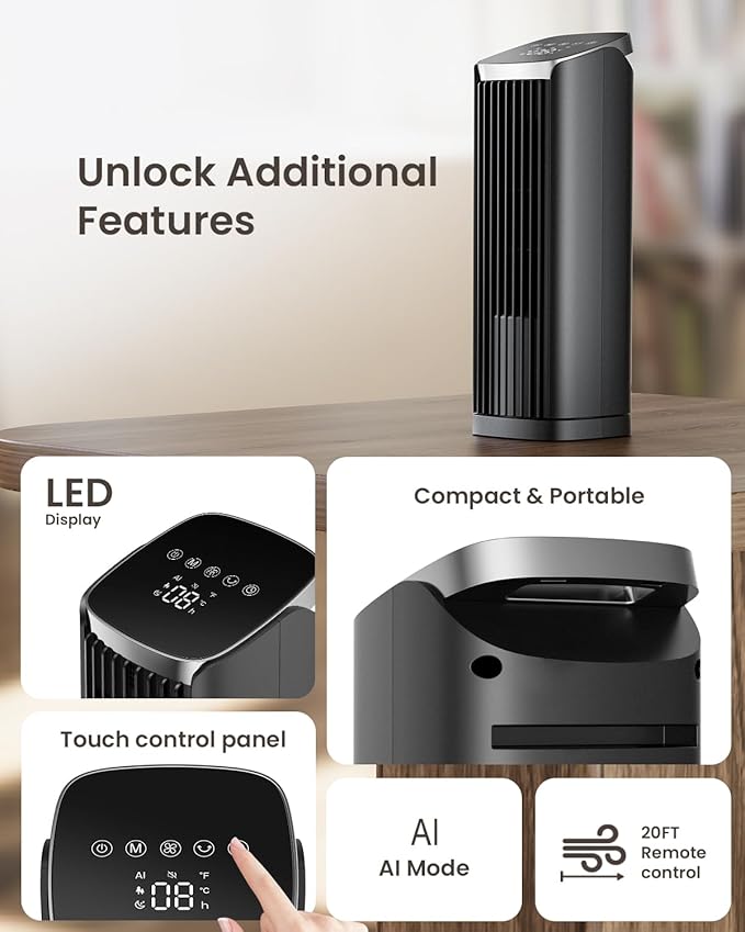 PNTCK Fan for Bedroom, 4 Modes 4 Speeds Max 24ft/s, 70° Oscillating Desk Fan