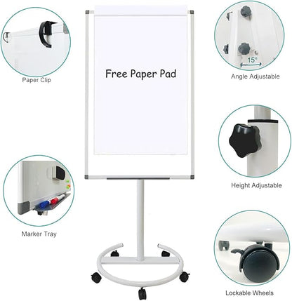 BIBOC Mobile Dry Erase Board – 40x28 inches Magnetic Portable Whiteboard Stand Adjustable Easel White Board Flipchart Easel Board with 25 Sheets Paper Pad 1 Eraser, 2Markers