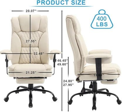 Reclining Office Chair with Footrest, 400Lb Big and Tall Office Chairs High Back Executive Computer Gaming Chairs with Wide Seat Pu Leather Recliner Home Desk Chairs for Adult,Beige