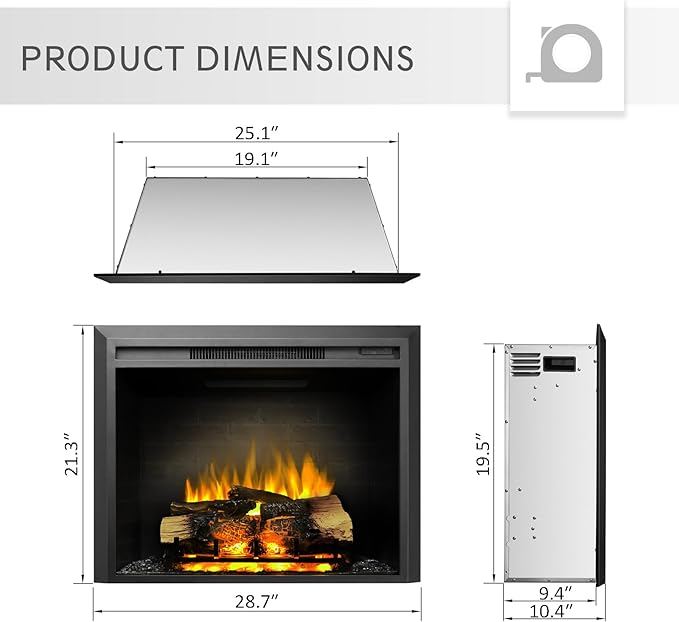 LegendFlame Carl 28" W Electric Fireplace Insert, Fireplace Heater 750/1500W