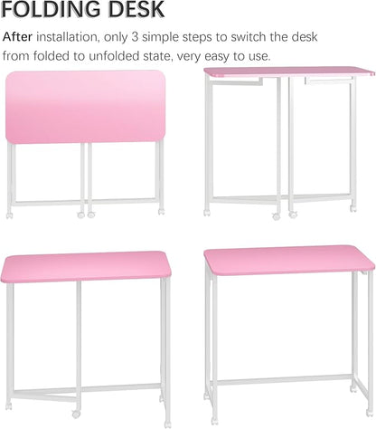 4NM 27.5" Mobile Small Rolling Computer Desk, Folding Laptop Cart Table with Wheels, Portable Office Desk for Small Space Couch Bed - Pink and White