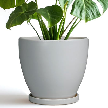 Ceramic Pots for Plants - 8 Inch Planter, Indoor Plant Pot with Drainage Hole and Saucers, Modern Flower Planters, Home Garden Patio Bathroom Porch Room Decor, Gray