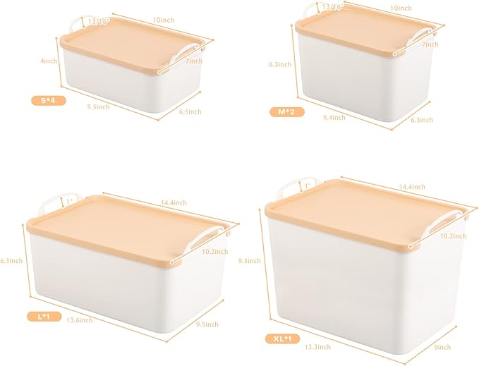 ANMINY 8PCS All-in-One Lidded Plastic Storage Bins Set White Desk Basket Box Drawer Organizer Kitchen Food Container with Handles Removable Lids Decorative Clothes Laundry Closet Cabinet Shelf Cube