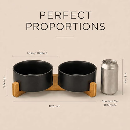 SPUNKYJUNKY Ceramic Dog and Cat Bowl Set with Wooden Stand, Modern Cute Weighted Food Water Set for Small Size Dogs (13.5OZ) & Medium Sized Dogs (28.7OZ) & Cats (3.6 Cups, 2 × Black)
