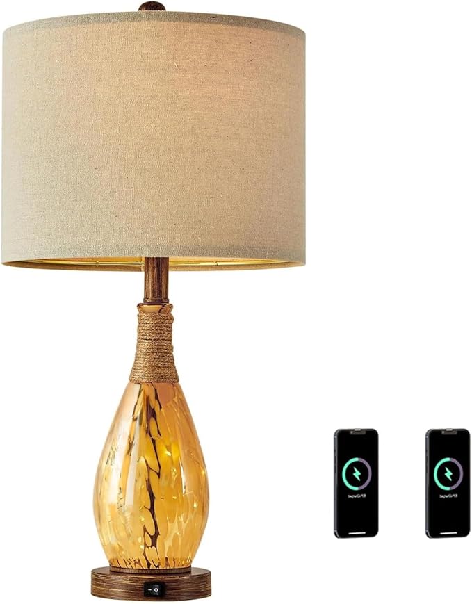 OYEARS 23" USB A+C Table Lamp for Bedroom Living Room Modern Bedside Lamps Retro Farmhouse Rattan Glass Nightstand Nightlight Lamps (Amber),Two Light Points
