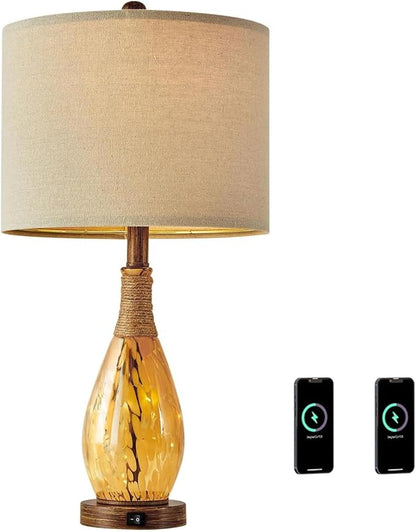 OYEARS 23" USB A+C Table Lamp for Bedroom Living Room Modern Bedside Lamps Retro Farmhouse Rattan Glass Nightstand Nightlight Lamps (Amber),Two Light Points