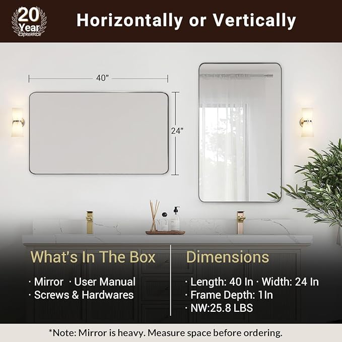 ANDY STAR Brushed Nickel Bathroom Mirror, 24”x40” Rounded Corner Rectangle
