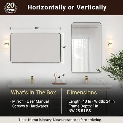 ANDY STAR Brushed Nickel Bathroom Mirror, 24”x40” Rounded Corner Rectangle