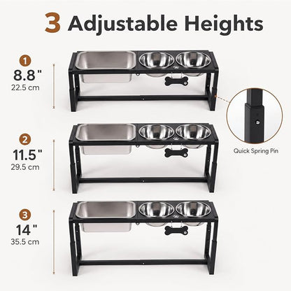 Metal Elevated Dog Bowls for Medium/Large Breed, 3 Adjustable Height(8.8''/11.5''/14'') Raised Dog Bowl Stand with Two 58oz & One 1.2gallons Large Stainless Steel Dog Food Water Bowls