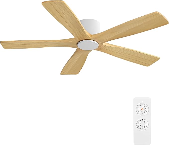 WINGBO 54" Flush Mount DC Ceiling Fans Without Lights, 5 Carved Solid Wood