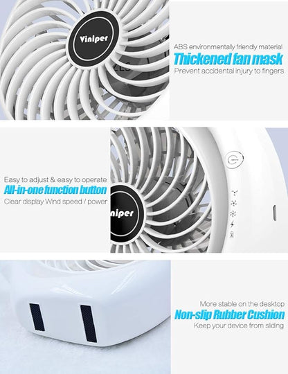 Viniper Portable Rechargeable Fan, Small Desk Fan : 3 Speeds & about 8-24 Hours