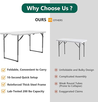 FurniEdge 4ft Folding Table with Adjustable Height, Heavy Duty Fold-in-Half Plastic Table with Steel Legs, Portable for Indoor, Outdoor, Picnic, Camping, Dining, Party, White