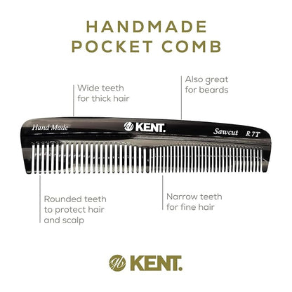 Kent R7T Fine and Wide Tooth Hair Comb, Handmade Pocket Comb for Men, Best Beard and Mustache Comb for Everyday Grooming and Styling, Sawcut, Made in England