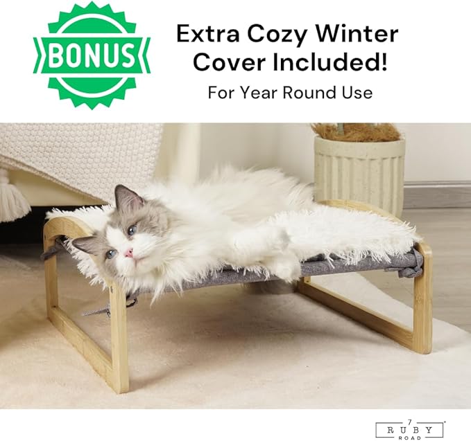 7 Ruby Road Elevated Cat Bed Cot with 2 Washable Covers, Wooden Cat Hammock Bed Chair, Modern Raised Pet Beds & Furniture for Indoor and Large Cats, Kitten, Dog, Puppy and Small Dogs