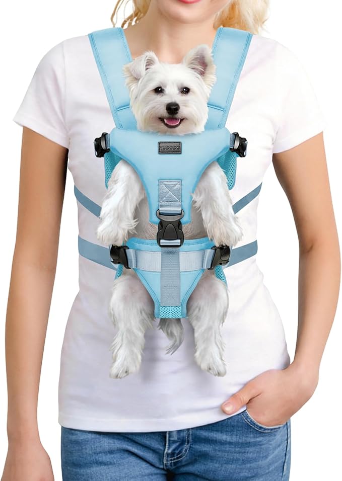 YUDODO Front Pet Carrier Backpack for Small Dog, Legs Out Dog Chest Carrier | Safety Belt, Ergonomic Support, Hands Free, Durable & Comfortable, For Walking Hiking Cycling, Blue, M
