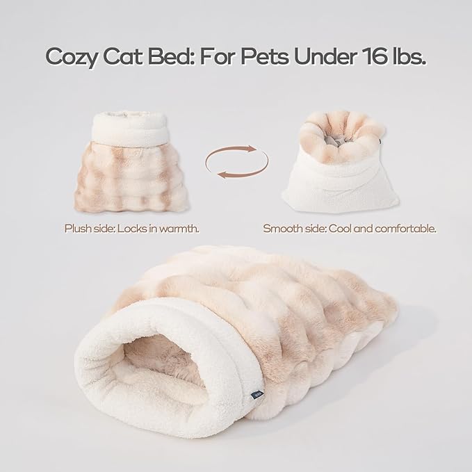 4 in 1 Cat Sleeping Bag 360° Wrap Cat Bed Plush & Warm Winter Sleeping Bag for Small Pets (Up to 15 lbs) Beige 21 × 17 Inch