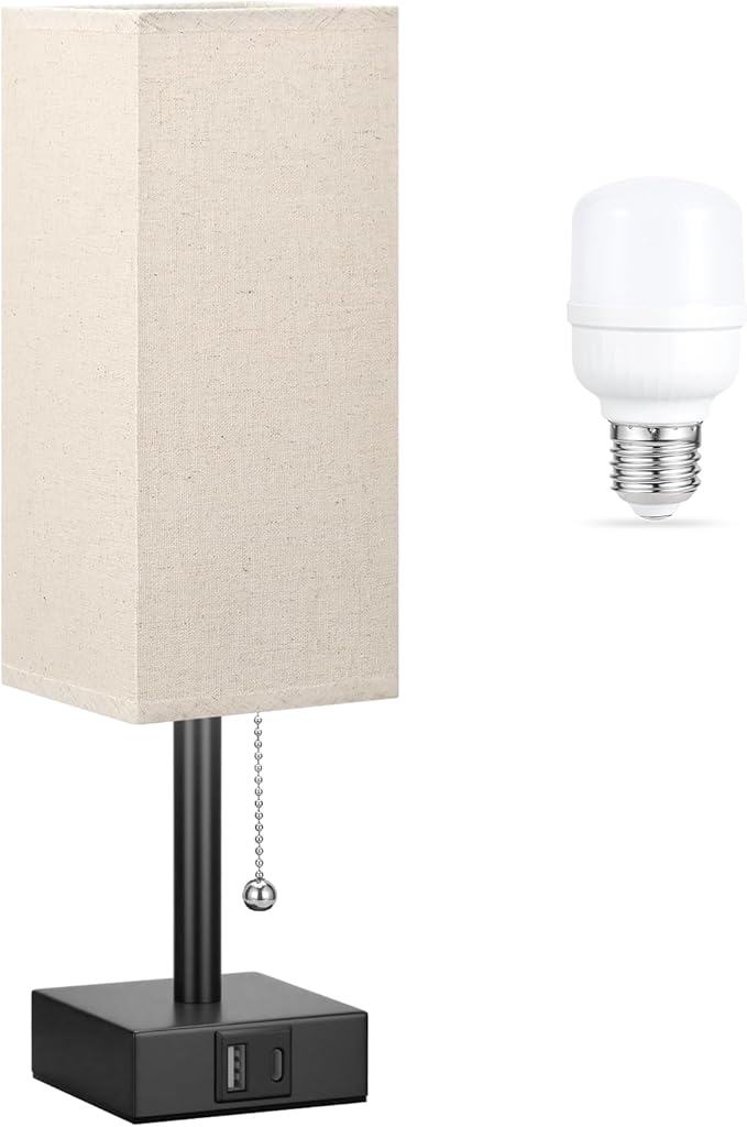Small Linen Bedroom Lamp - 3 Color Temperature 3000K 5000K 4000K Bedside Lamp, Pull Chain Control, USB A and C Charging Ports, Black Base, for Kids Office Dorm, Bulb Included