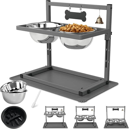 SHAINFUN Grey Raised Dog Bowl Stand with Two 1700ml Stainless Steel Food Bowl, a Slow Feeder and Silicone Pet Feeding Mat, Adjustable Dog Feeder, Elevated Dog Bowls for Large Medium and Small Dogs