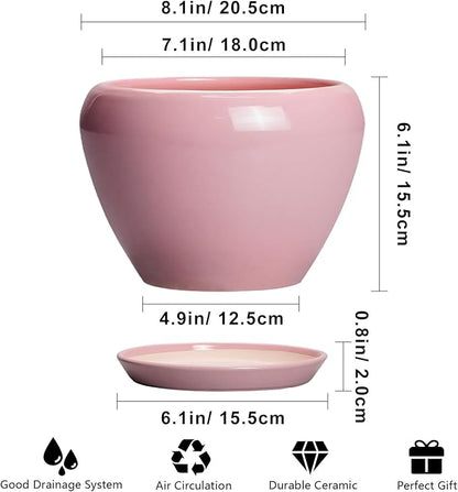 Ceramicfor Ceramic Modern Glaze Succulent Planter Pot with Drainage Hole and Saucer 8 Inch Round Flower Plant Pot for Indoor Outdoor Herb Snake Plants, Pink
