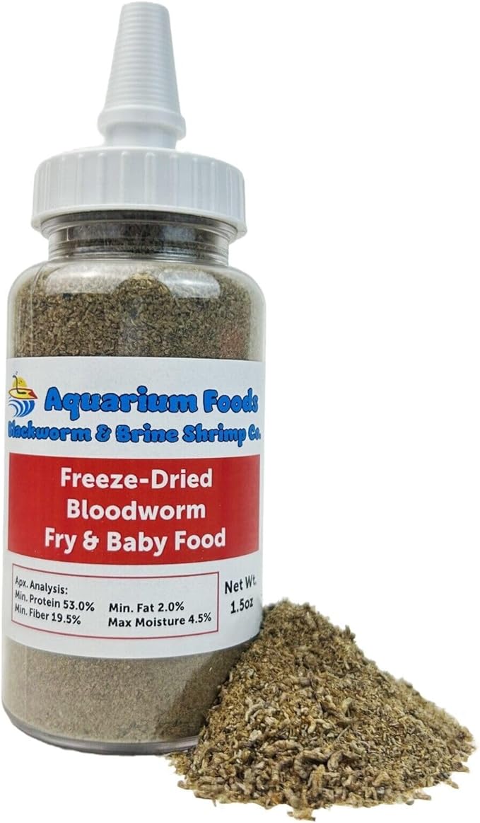 Aquatic Foods Inc. Freeze-Dried Bloodworm Powder & Particles for Tropical Fish Fry, Babies, Guppies, Tetras, Bettas, Nano Fish…1.5oz Squeeze Bottle
