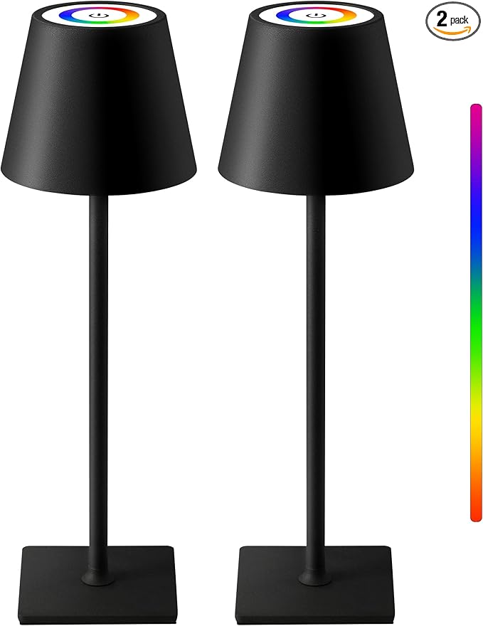 KDG 2 Pack Cordless Table Lamp, RGB Color Stepless Dimming Up, 4000mAh Battery Operated Portable LED Desk Lamp, for Dinning Room, Bedroom, Bar, Outdoor Garden, Camping, Night Light (Black)