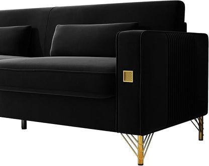 85.63" Velvet Sofa,Modern Loveseat Couch with Pillows Set of 2 for Living Room,Bedroom,Apartment Furniture with Gold Metal Legs (Black)