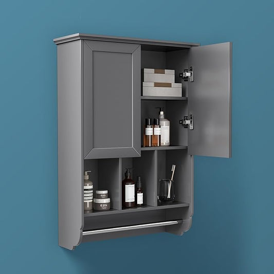 Bathroom Wall Cabinet with Towel Bar, Wooden Medicine Cabinet Adjustable Shelves