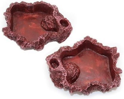 OMEM Reptile Natural Bowl Food and Water Dish Resin Made (2PCS- Red S)