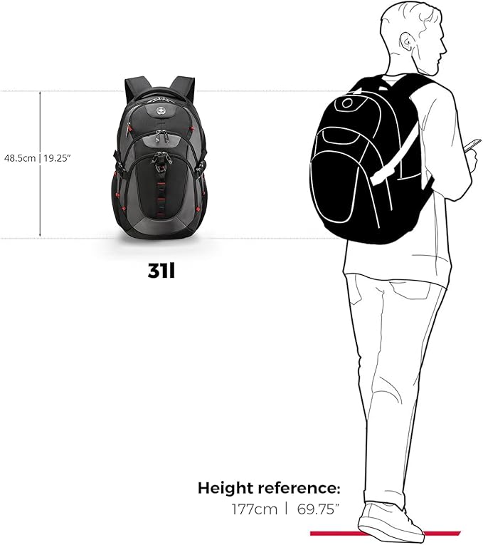 Swissdigital Design Laptop Backpack with USB Charging Port, Travel Backpack Fits 15.6 inches Computer, 31L College School Backpack for Men, Black/Grey | SD803-02