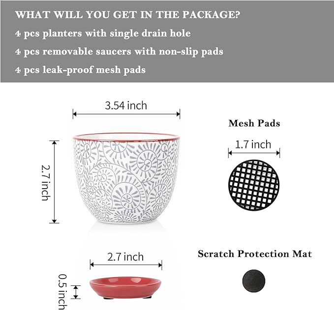 Selamica Ceramic Succulent Pots with Drainage Holes, Small Flower Pots 3.5 Inch Plant Pots for Indoor Plants with Saucers, Cactus Succulent, Home Decor, Set of 4, Assorted Colors