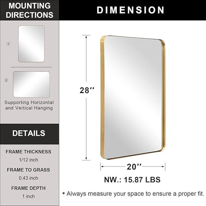 ANDY STAR Gold Bathroom Mirror for Wall, 20x28” Brushed Brass Metal Rounded