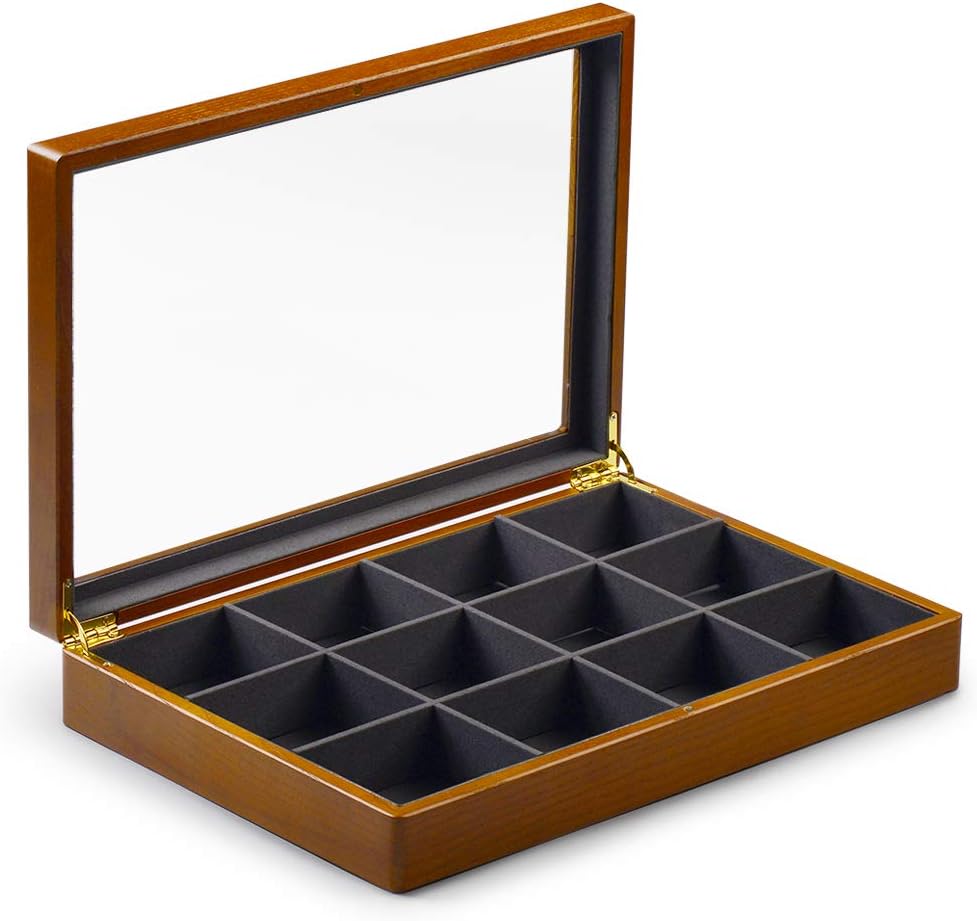 Oirlv 12 Grids Vintage Solid Wood Jewelry Box Microfiber Lining Earrings Bracelets Necklace Storage Jewelry Drawer Organizer Tray with Lid