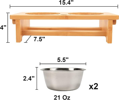 HTB Elevated Dog Bowl Stand with 2 Stainless Steel Bowls-4" H Small Bamboo | Raised Dog Bowl Stand, 4"tall, 21 Oz Bowls, for Small Sized Dogs, Pet-safe, Solid Bamboo