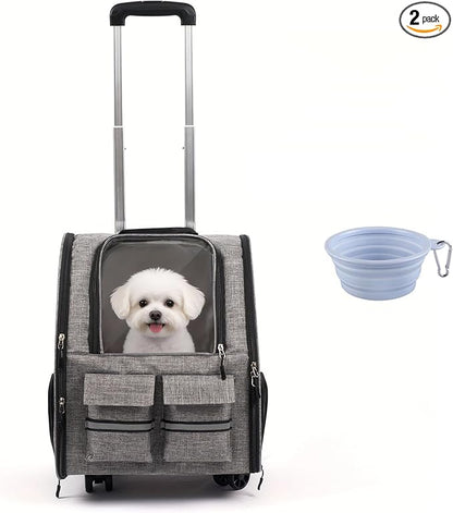 Rolling Pet Carrier with Wheels, Polyester, Soft-Sided Collapsible, Large, Travel, with Telescopic Handle and Folding Bowl (Gray Wheeled Carrier Set)