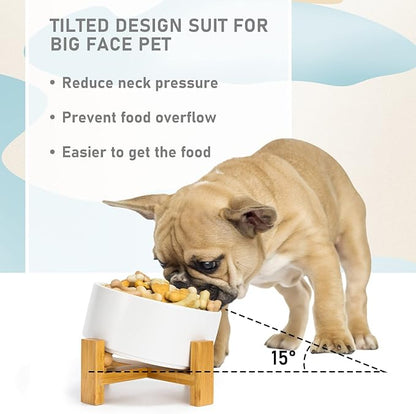 SPUNKYJUNKY 15° Slanted Ceramic Dog and Cat Bowl with Wooden Stand, Tilted Bulldog Food and Water Bowl No Slip Non-Spill for Cats Medium Dogs Big Face Pets 28.7 OZ (3.6 Cups, White)