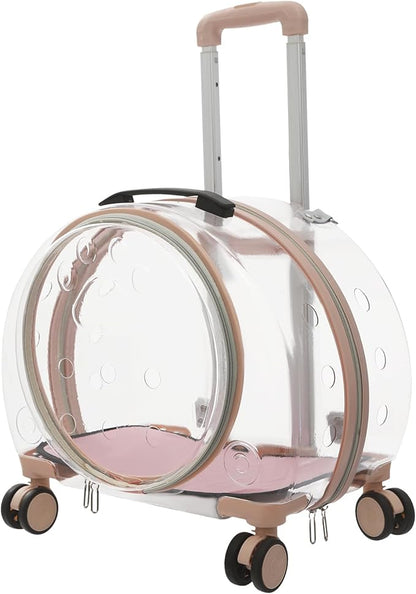 Cat Backpack Carrier, Transparent & Fully Breathable Hard cat Carrier with Rolling Wheels for Kitty Small Dog up to 19lbs, Multiple Carrying Options, Perfect for Travel Hiking, Pink, Clear