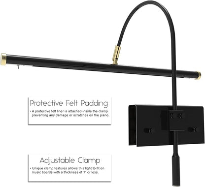 Cocoweb 19" Grand Piano Lamp - Adjustable, Black with Brass Accents, LED Clip-on with Dimmer - GPLED19D