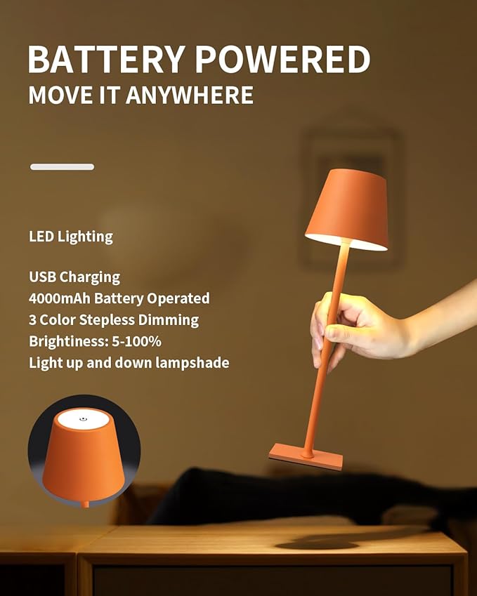 KDG 2 Pack Cordless Table Lamp,Portable LED Desk Lamp, 4000mAh Battery Operated, 3 Color Stepless Dimming Up, for Restaurant/Bedroom/Bars/Outdoor Party/Camping/Coffee Shop Night Light(Orange)