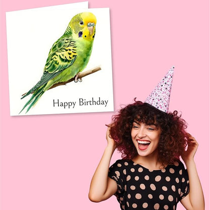 Budgie Birthday Card - Beautiful Green and Yellow Budgerigar Design - Budgie Happy Birthday Card For Men, For Women, For Bird Lovers