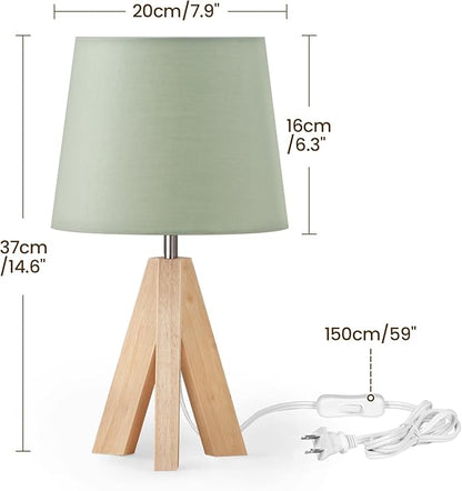 Tripod Table Lamp, Small Bedside Lamp with Wood Base & Green Fabric Shade, Little Cute Desk Lamp, Modern Nightstand Lamp for Bedroom, Kids Room, Living Room, Office, Corner, Green J51TL05