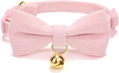 2 Pack Soft Corduroy Cat Collars with Bow Tie & Bell, Adjustable Breakaway Cotton Kitty Bowtie Collar for Girl Female Kitten (Pink & Purple)
